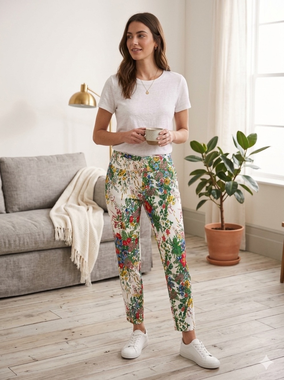 Soft Surroundings Pants Women’s Medium White In Bloom Floral Ankle Pull On Work